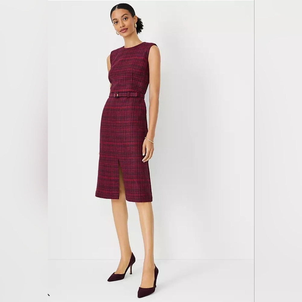 NWT Belted Tweed Sheath Below the Knee Length Dress Size 4P By Ann Taylor
